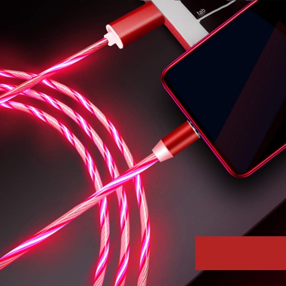 (1m) 2.4A 3in1 Magnetisches Ladekabel LED Leuchtendes Datenkabel Apple Lightning / Micro USB / USB C - Rot