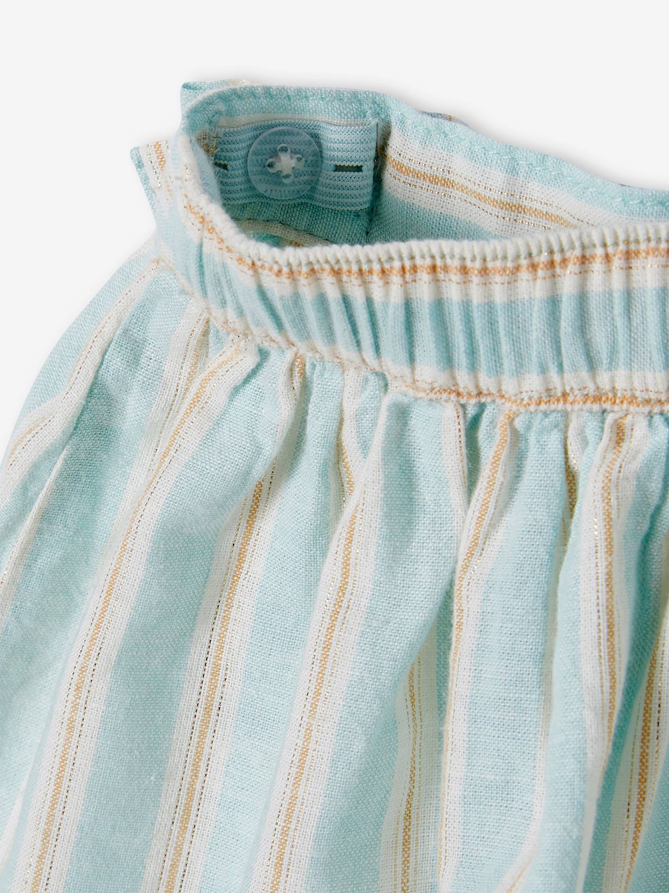 Saia listrada azul-clara com fios brilhantes de linho e algodão para meninas