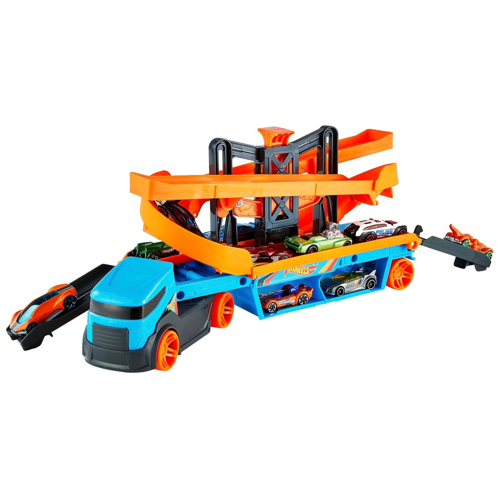 Hot Wheels Lift & Launch Hauler Spielset mit 10 Die-Cast-Fahrzeugen