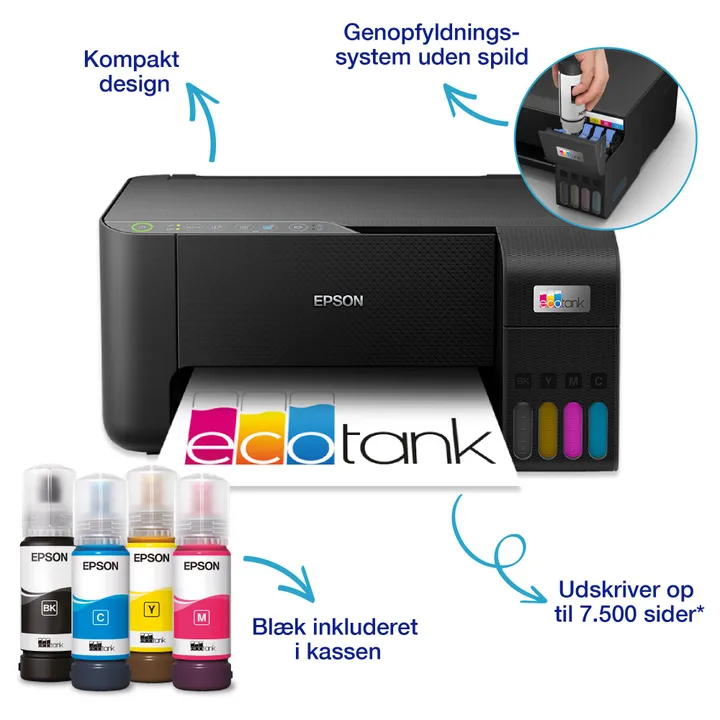 Epson EcoTank ET-2860 - Multifunktionsprinter - farve - blækprinter - ITS - A4 (medie) - op til 10 spm (udskriver) - 100 ark - Wi-Fi, USB - sort