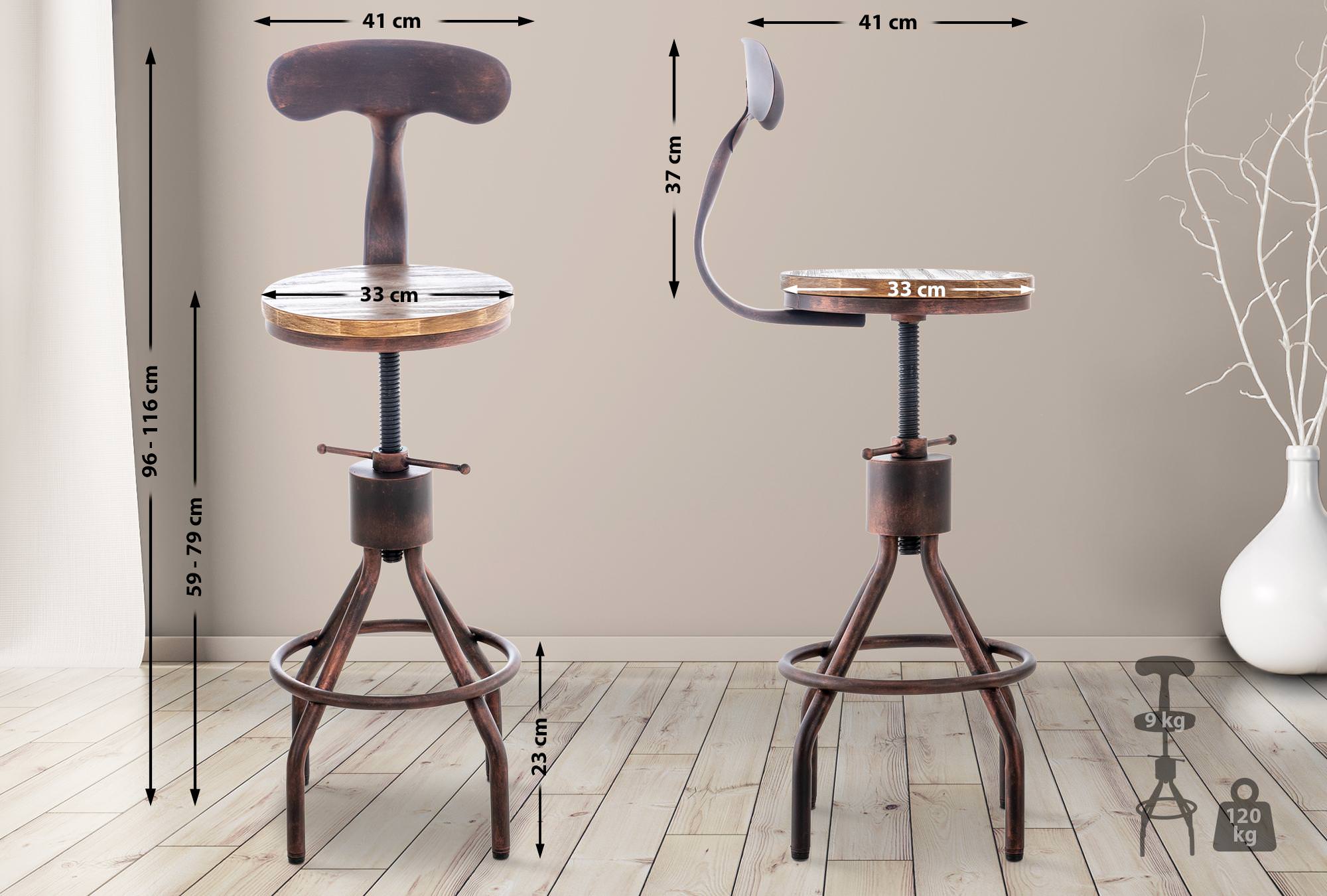 CLP 2er Set Barhocker Hanam Im Industrial-Design I Höhenverstellbarer Metall Barstuhl Mit Holzsitz Und Rückenlehne