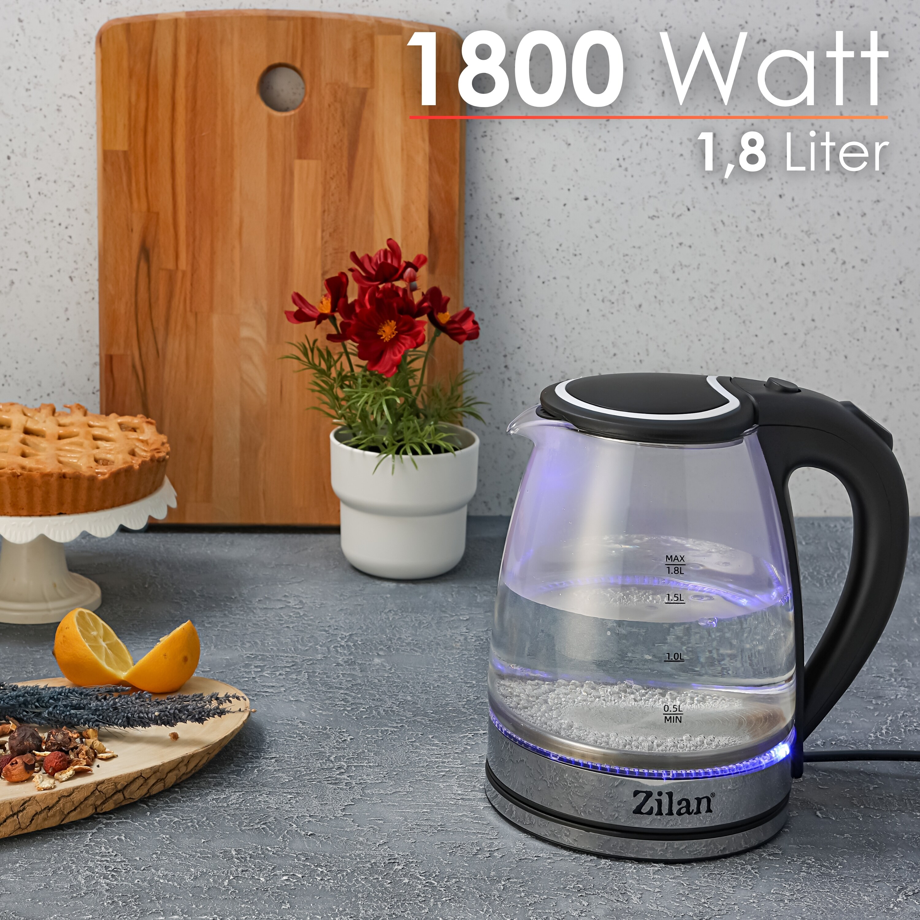 Zilan Glas Wasserkocher 1.8L mit blauer LED-Beleuchtung 1800W