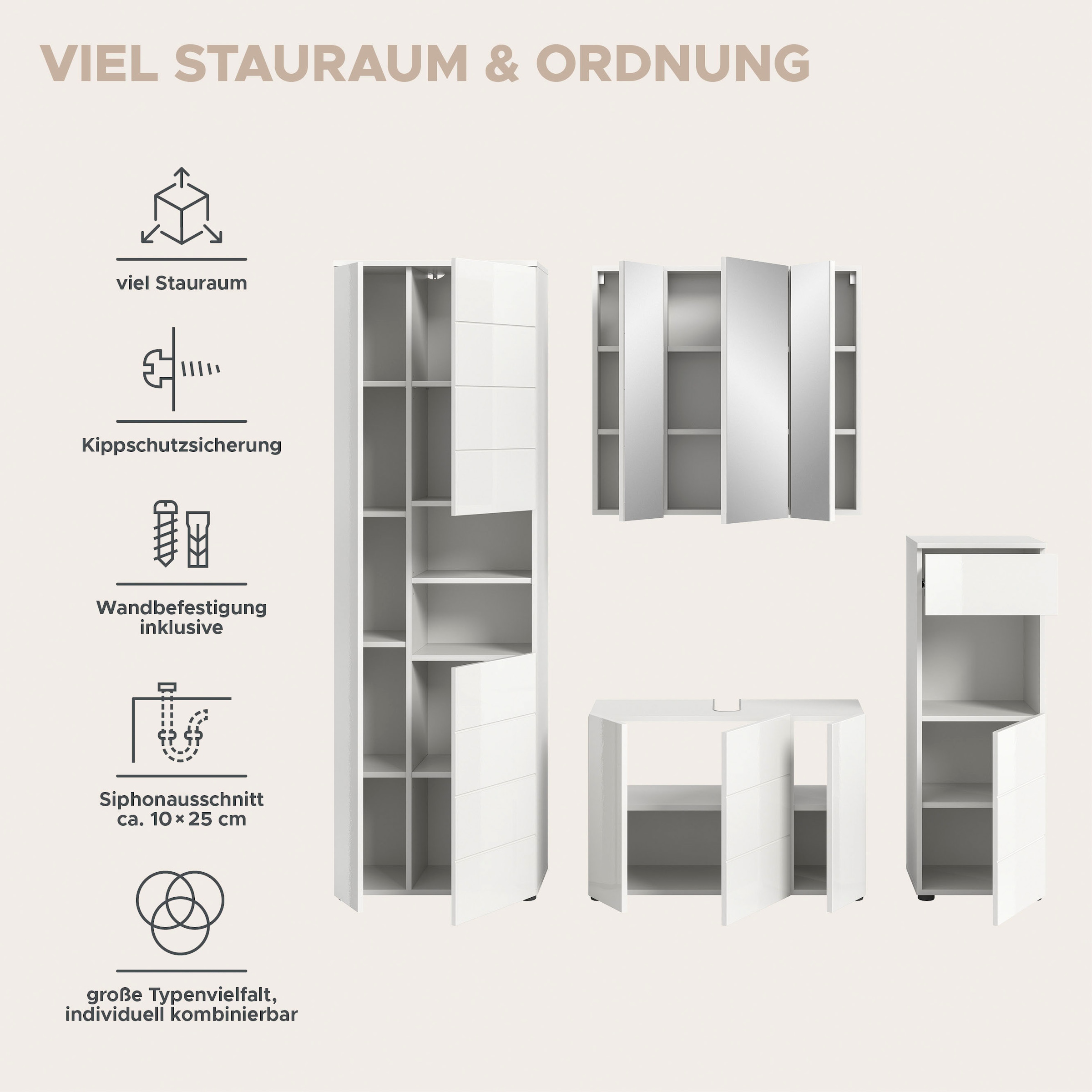 welltime Badmöbel-Set »Biel, Höhe 190 cm, Hochschrank, Unterschrank, Spiegelschrank« 3 Stk. tlg.
