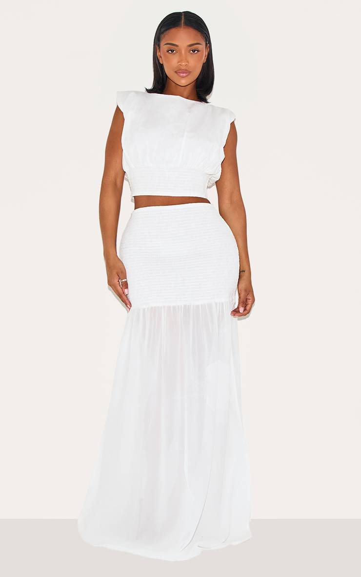 Blanc Top Shape Col Bateau Froncé Taille Cintrée