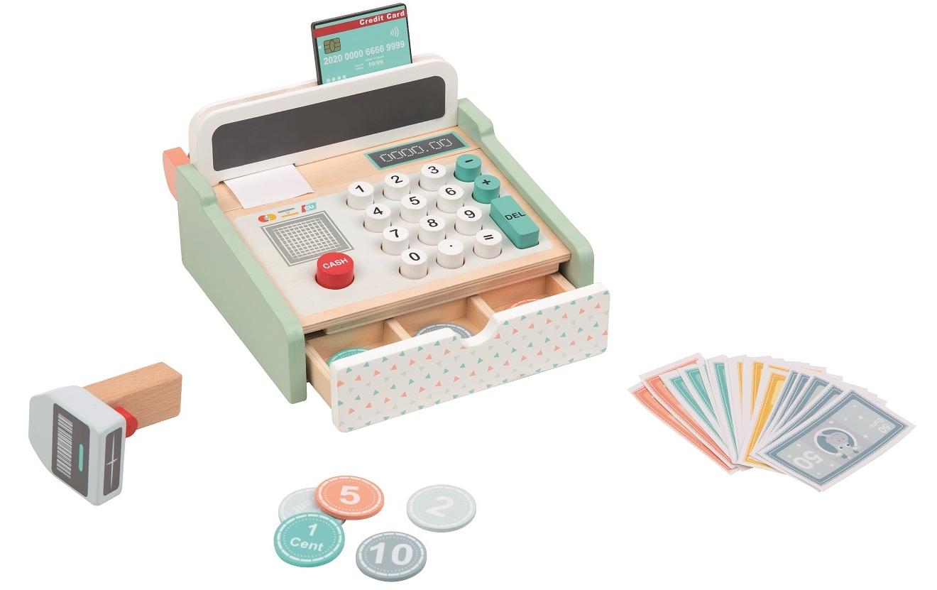 Spielgeld Kasse mit Scanner + HolzrechnerKasse aus Holz für Kaufmannsläden