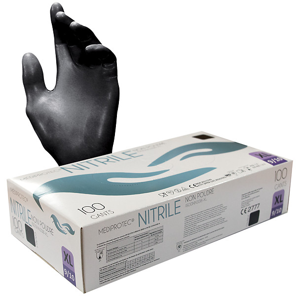 Gants jetables nitrile noirs non poudrés taille 10, boîte de 100