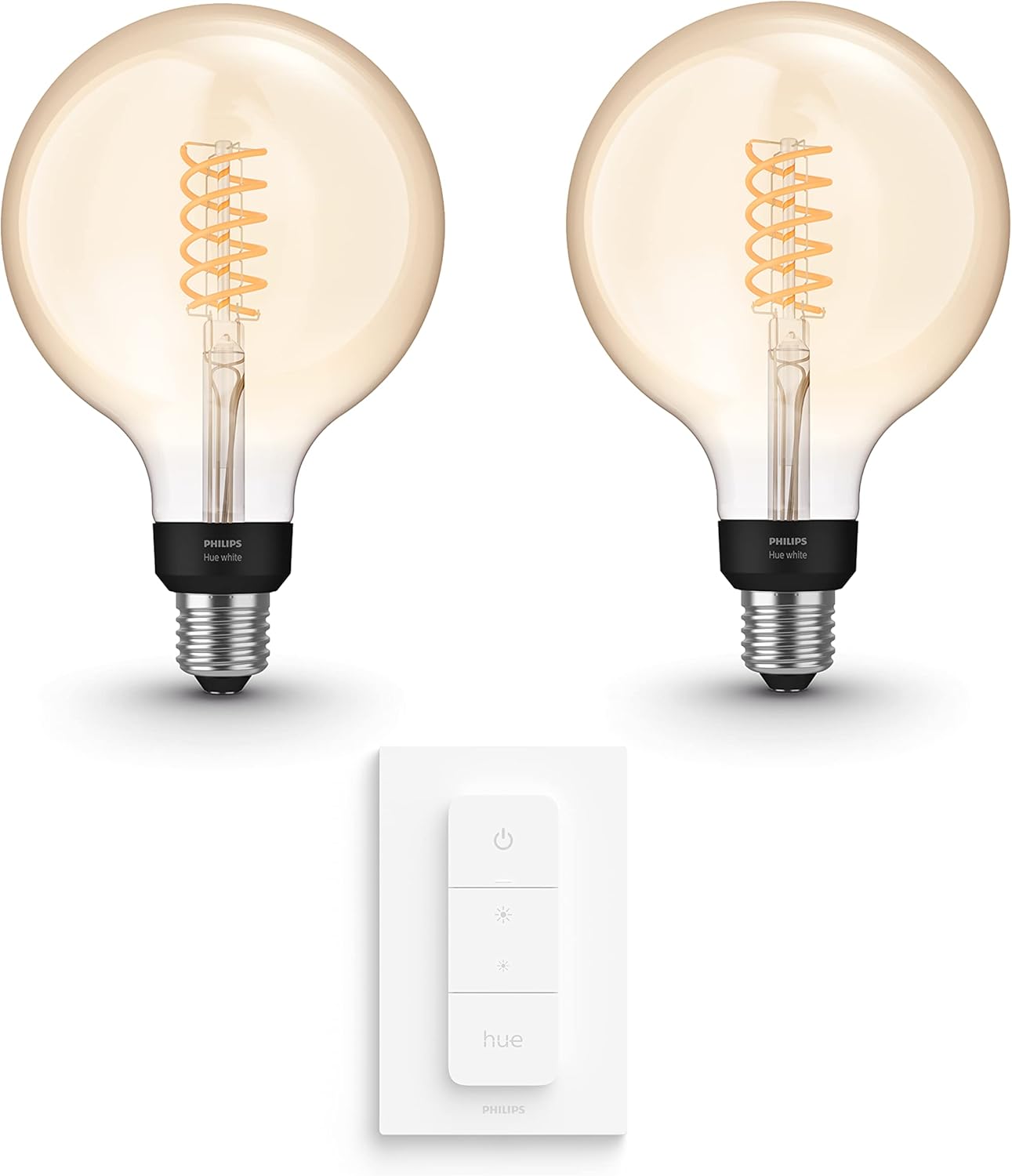 Philips Hue Vorteilspaket - E27 - mit 2 Filament Globe Lampen Groß (G125) - Warmweißes Licht - inkl. 1 Hue Dimmschalter - Hue White Filament