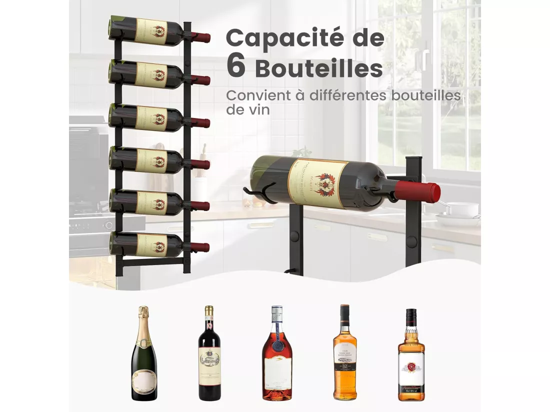 Porte bouteille mural, étagère à vin en métal pour 6 bouteilles, casier à vin, noir