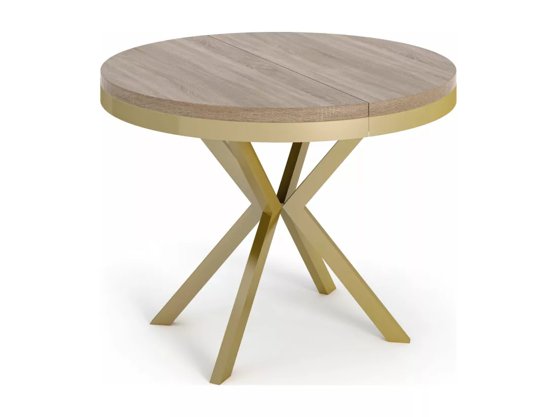 Table à Manger Extensible Ronde - Table Style Loft Avec Doré Pieds En Métal - 100 à 180 Cm - Table Ronde Style Industriel Pour Le Salon - Compacte - 100 Cm - Chêne