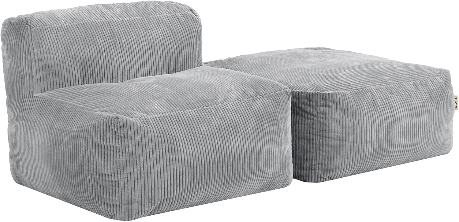 Icon Zen Sitzsack und Hocker, Modular Sofa für Erwachsene, Grau, Flauschiger Cordstoff, Ecksofa, Bequemer Bean Bag Sofa mit Schaumstoff Füllung, Relaxsessel, Lounge, Wohnzimmer Möbel