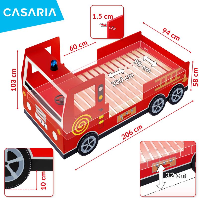 Casaria Kinderbed Brandweerauto – Incl. Lattenbodem - 200 x 90 cm