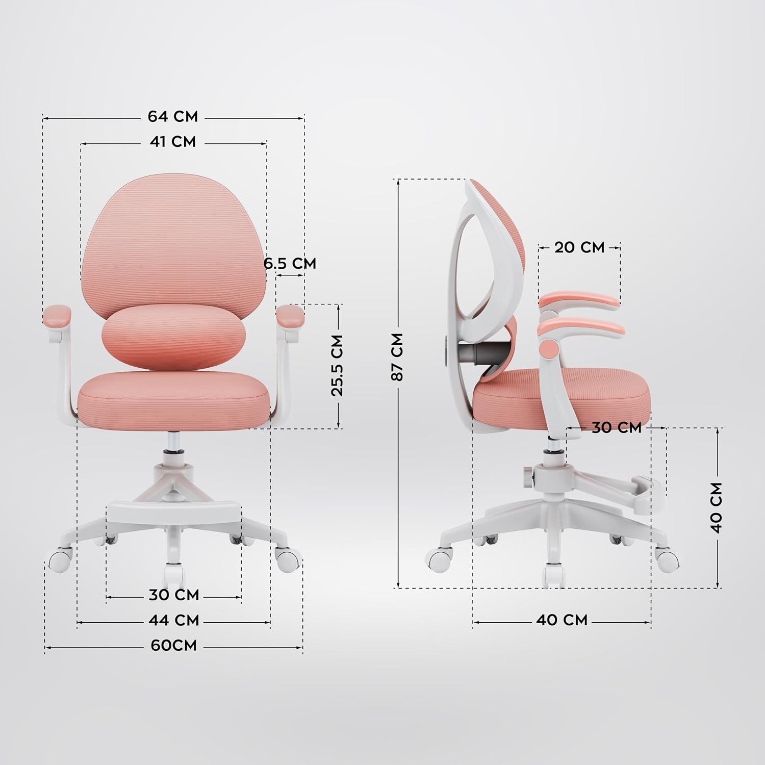 MARK ADLER Junior 4.5 | Ergonomischer Drehstuhl für Kinder & Jugendliche | Höhenverstellbar | Lordosenstütze | Klappbare Armlehnen | Schwerkraftrollen | Fußstütze | 360° Drehung | Rosa