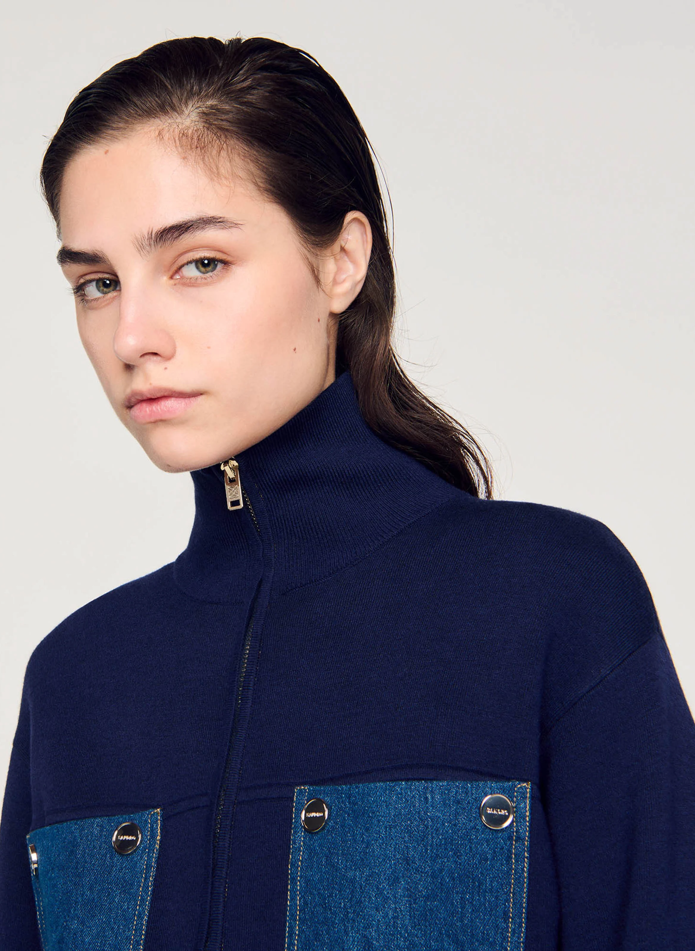 Blouson col montant droit en maille | Bleu