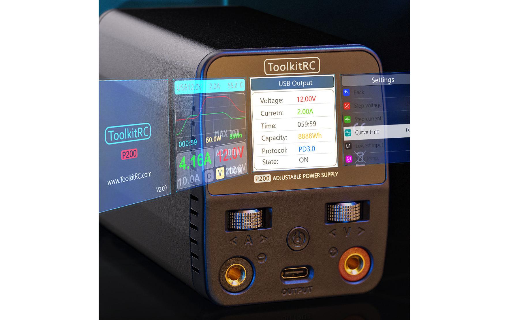 RC Netzteil P200 V2 100 W 1-30 V DC, USB-C PD 65 WKompaktes, einstellbares Labornetzteil mit zusätzlichem USB-C Ausgang