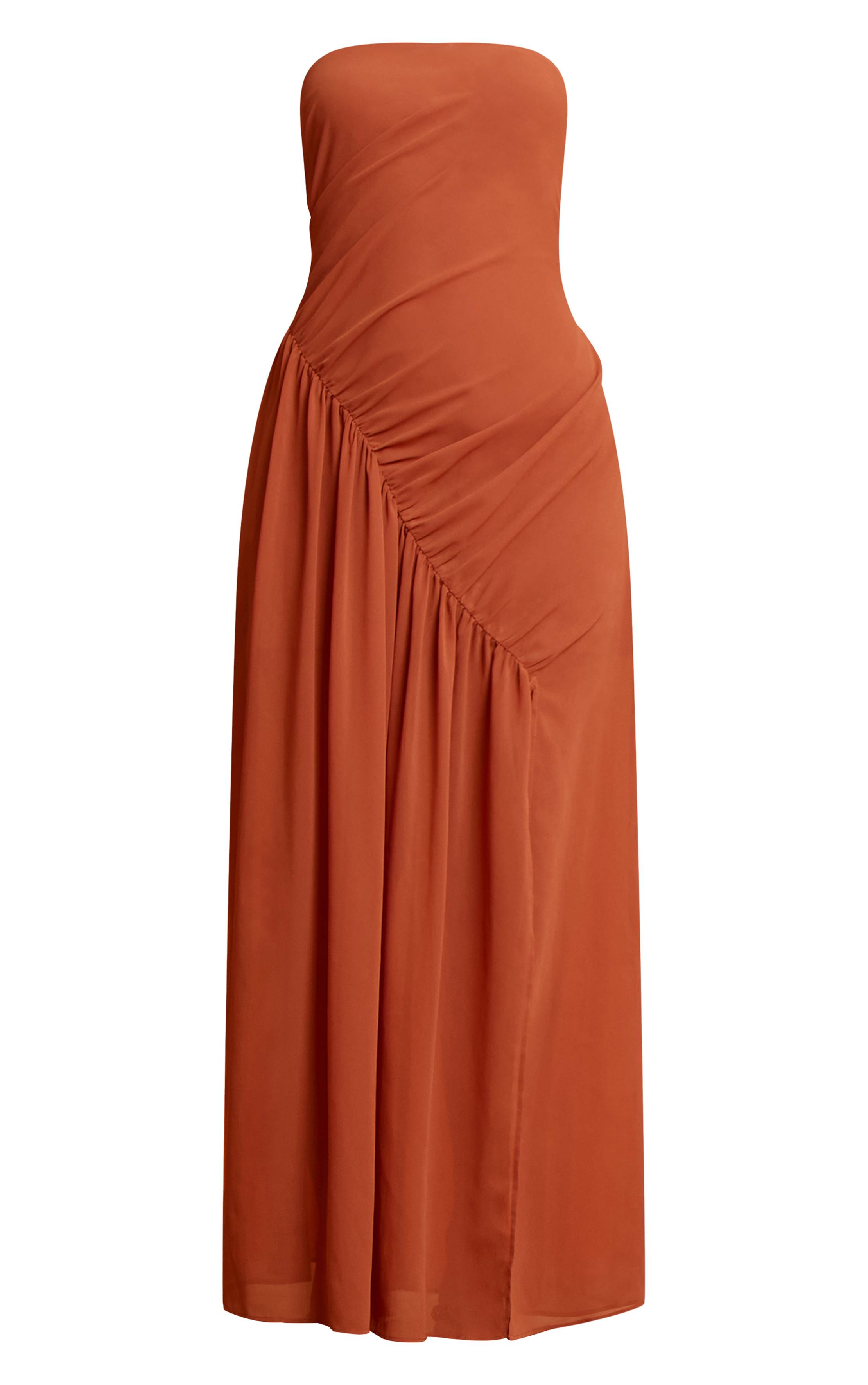 Rouille Robe Maxi Bandeau À Double Couche De Mesh Avec Fronces Asymétriques