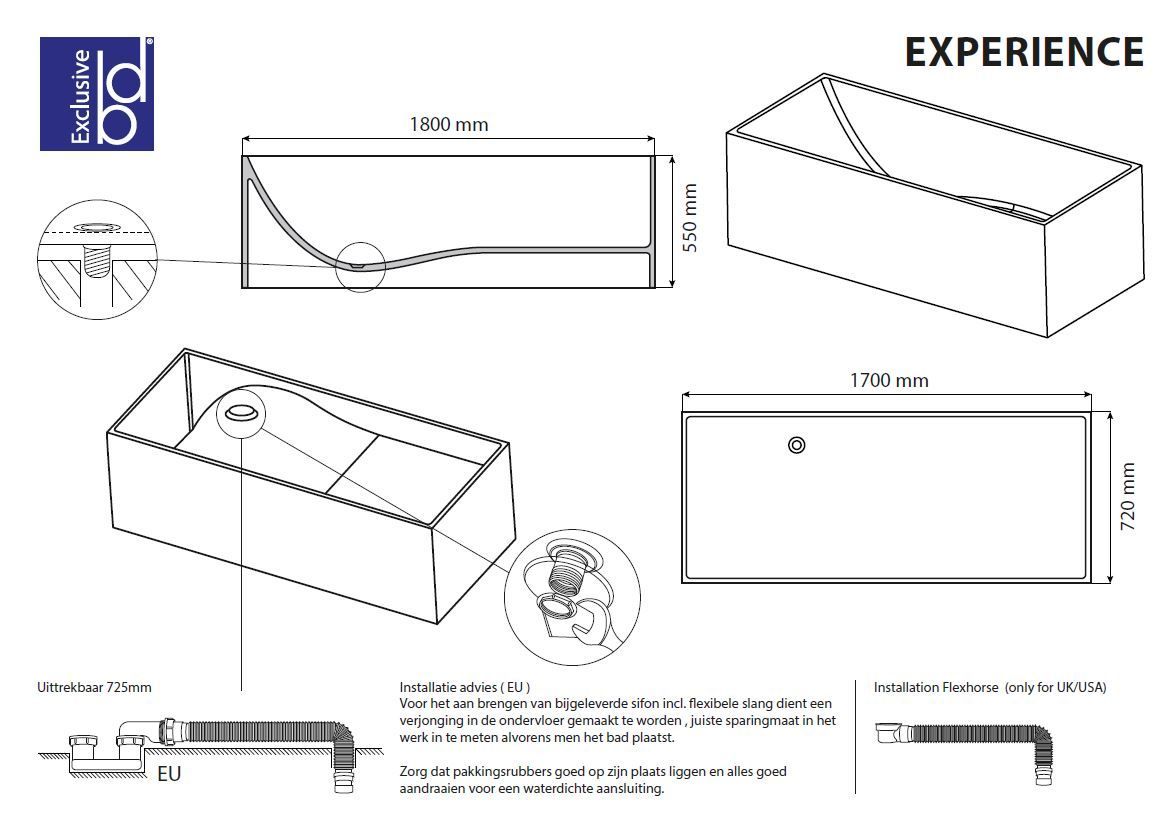 Best Design Experience solid surface vrijstaand bad 170x72x55cm mat wit