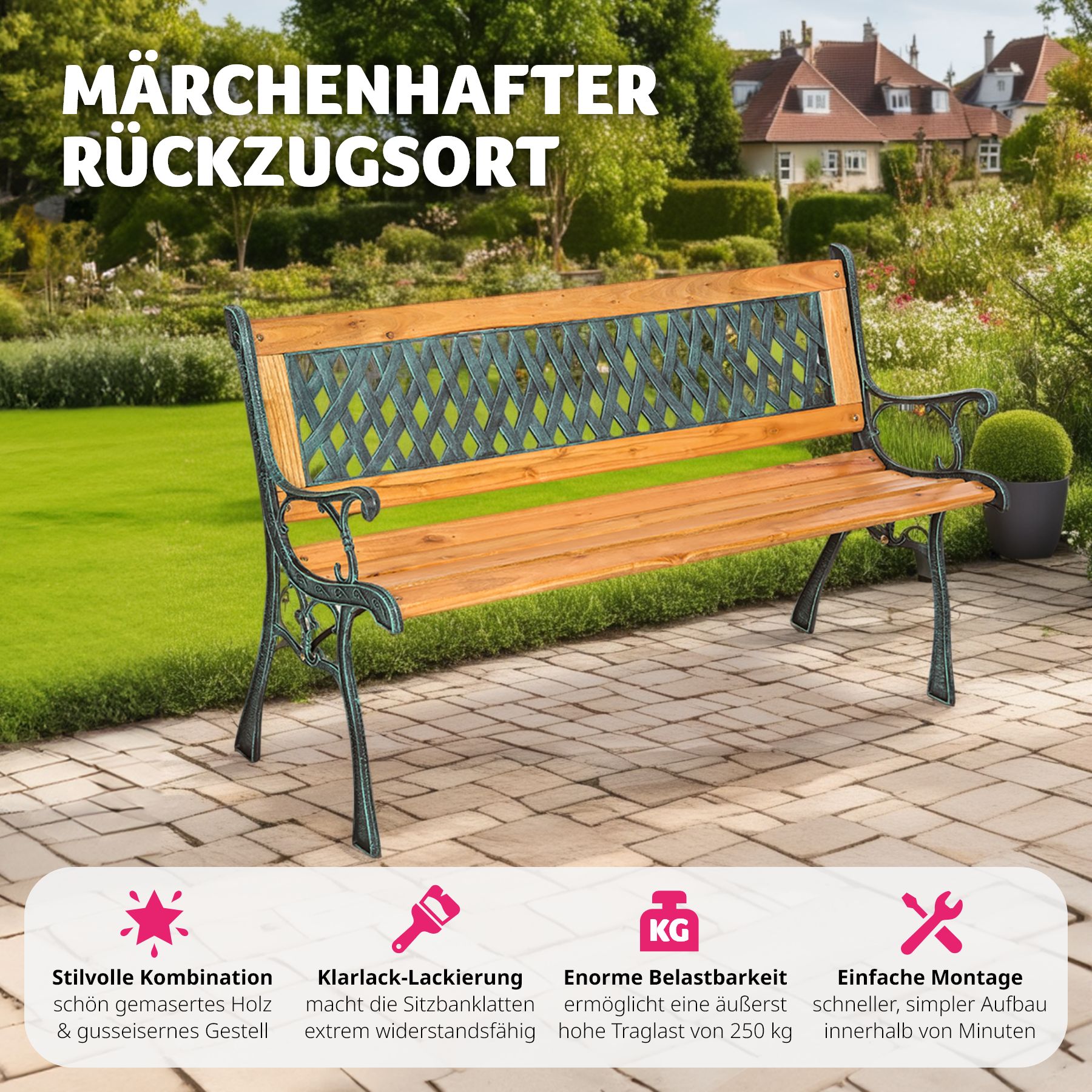 tectake® Gartenbank, 2-Sitzer, wetterfest, 128 x 51 x 73 cm