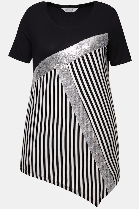 T-Shirt, Classic Fit, Streifen, Pailleten, Zipfelsaum