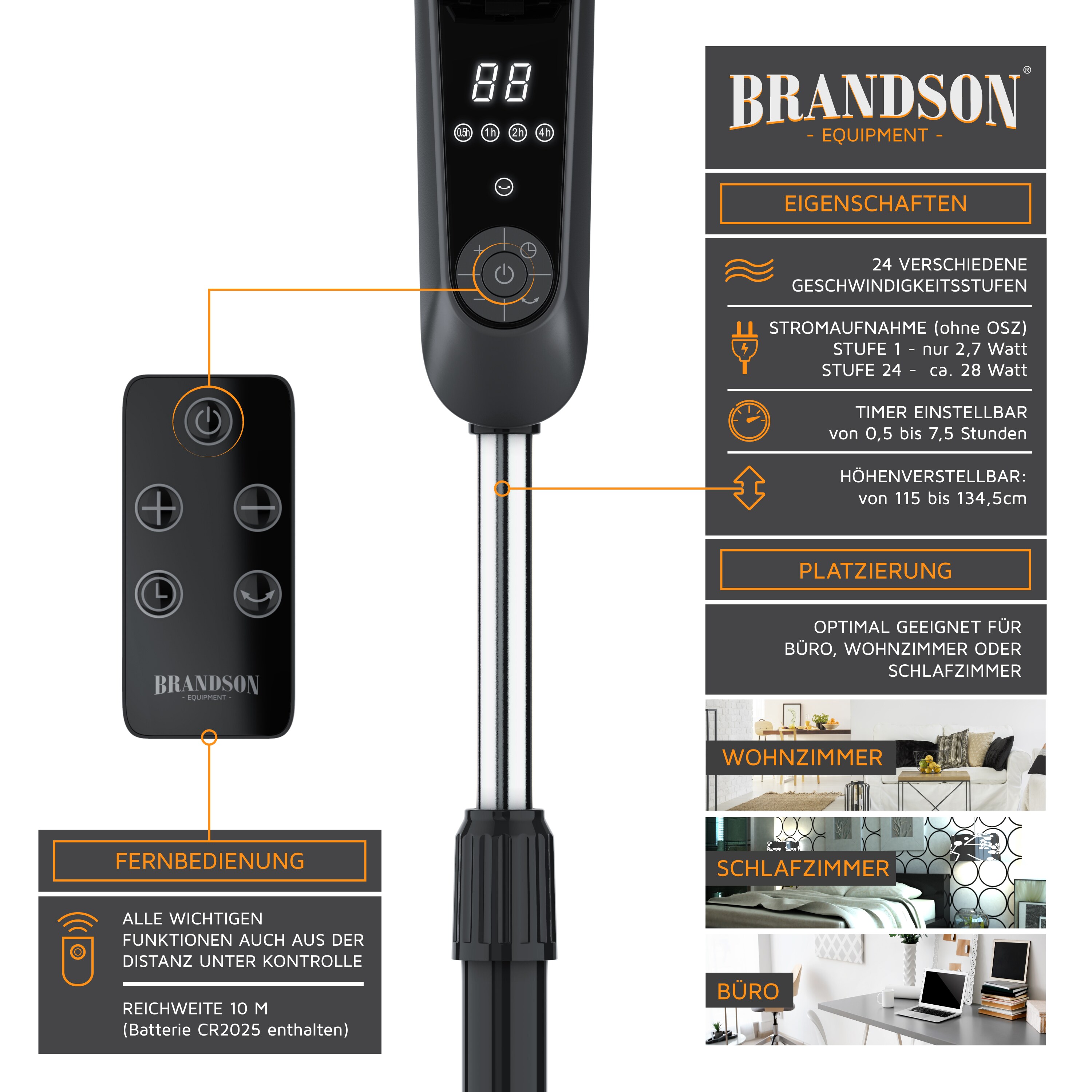 Brandson Standventilator 45,5cm Ø, DC, leise, Fernbedienung, energiesparend, Oszillation, 25 Stufen, schwarz
