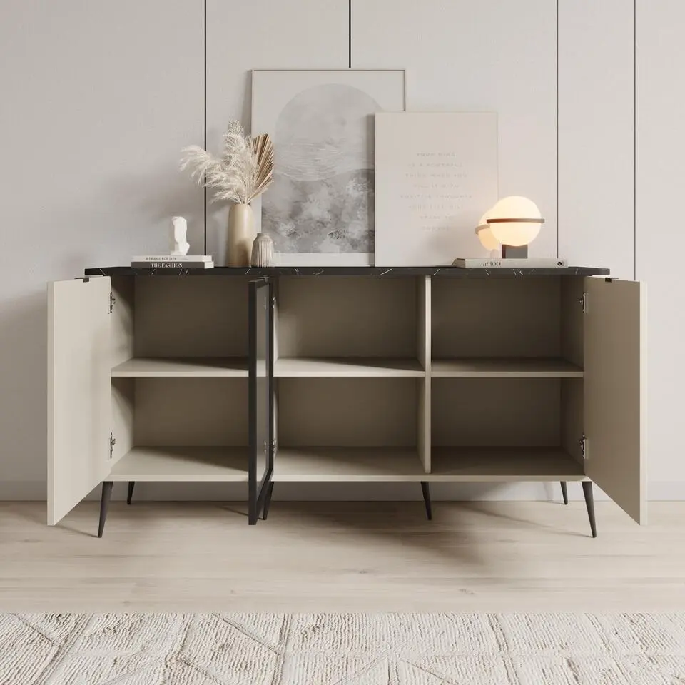 Meubella - Dressoir Mace - Beige - 160 cm - Met glas