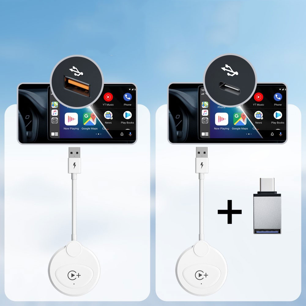 Apple Carplay Screen Mirroring / Videowiedergabe Auto KFZ USB A / USB C Adapter für Apple iOS mit Play & Pause Knopf (Kabelgebunden) - Weiss