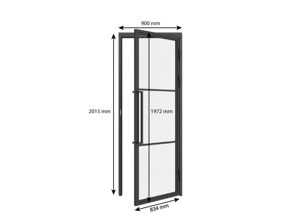 Complete glazen deurset met beslag, loft-stijl, 834x1972mm, DIN rechts - greeplijst, draaideur