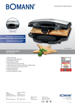BOMANN Sandwichtoaster ST 1372 CB mit Edelstahleinlage