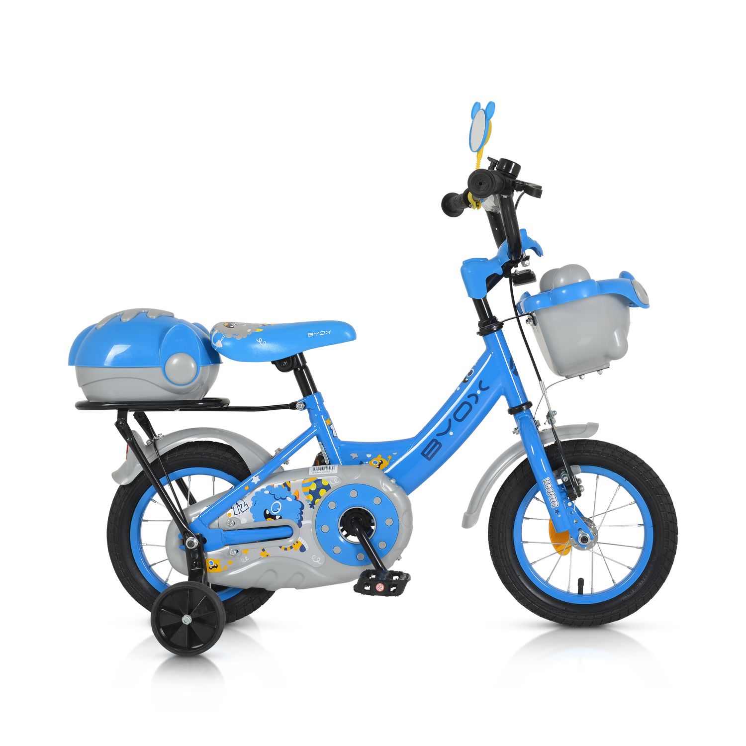 Byox Kinderfahrrad 1202 12 Zoll mit Stützräder, Körbe, Rückspiegel, Klingel blau