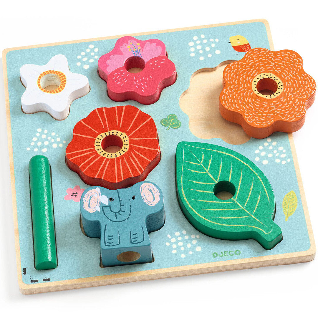 Djeco houten puzzel en stapeltoren - happy - 7st
