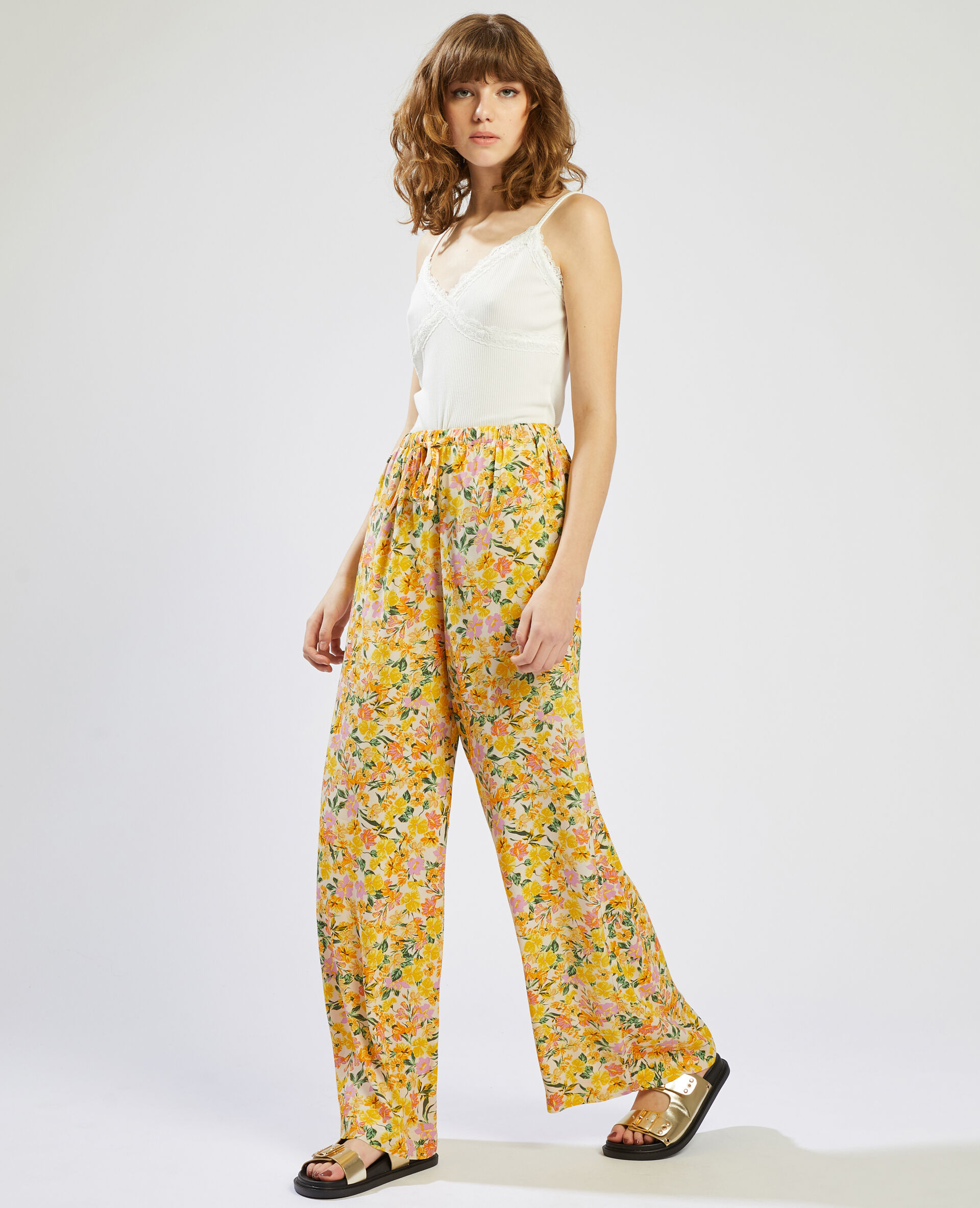 Pantalon fluide à motif fleurs - Orange