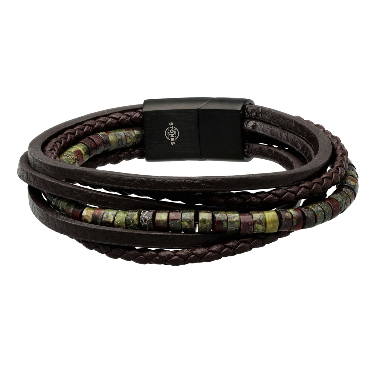 Bracelet Cuir Marron Lisse Et Tressé Avec Perle De Heishi Jaspe Sang De Dragon-XXL-22cm