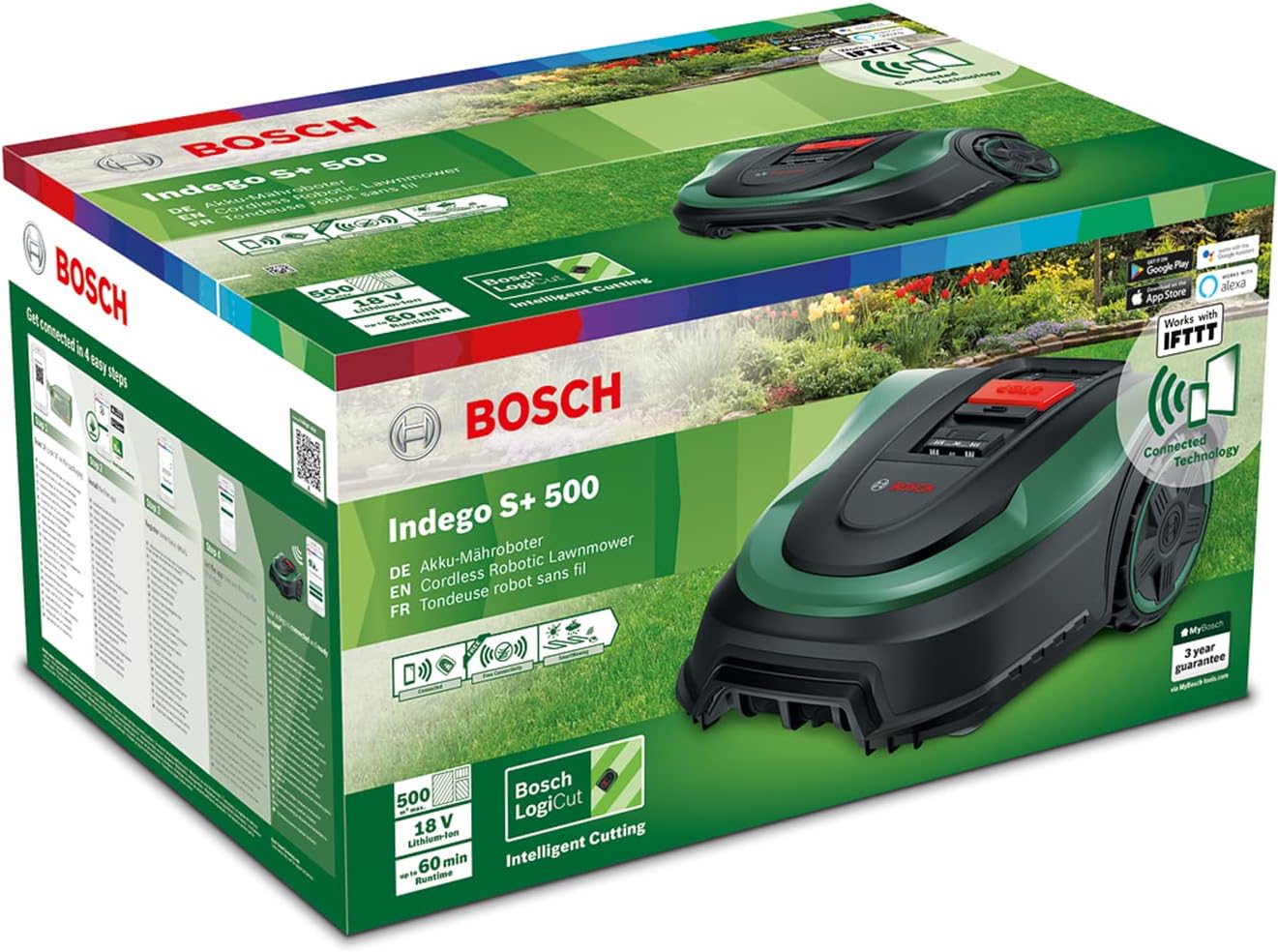 Bosch Rasenmäher Roboter Indego S+ 500 (mit 18V Akku und App-Funktion, Ladestation enthalten, Schnittbreite 19 cm, für Rasenflächen bis 500 m², im Karton)