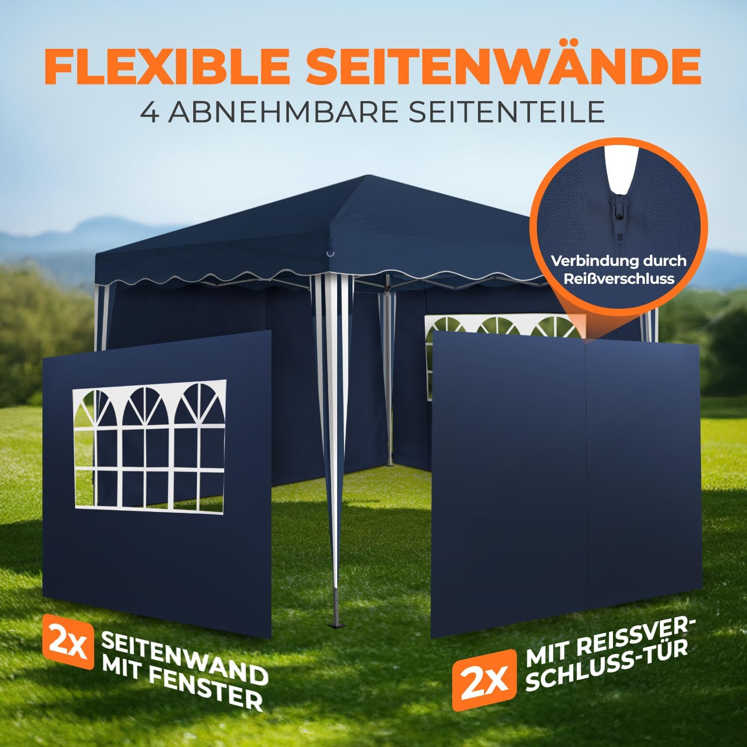 Kronenburg Faltpavillon wasserdicht Dachmaß 3 x 3 m UV Schutz 50+ Pavillon in Blau mit 4 Seitenteilen
