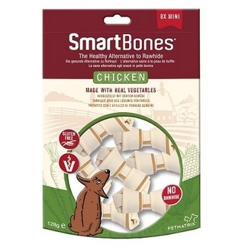 Pacote com 10 mini petiscos mastigáveis de frango para cães.