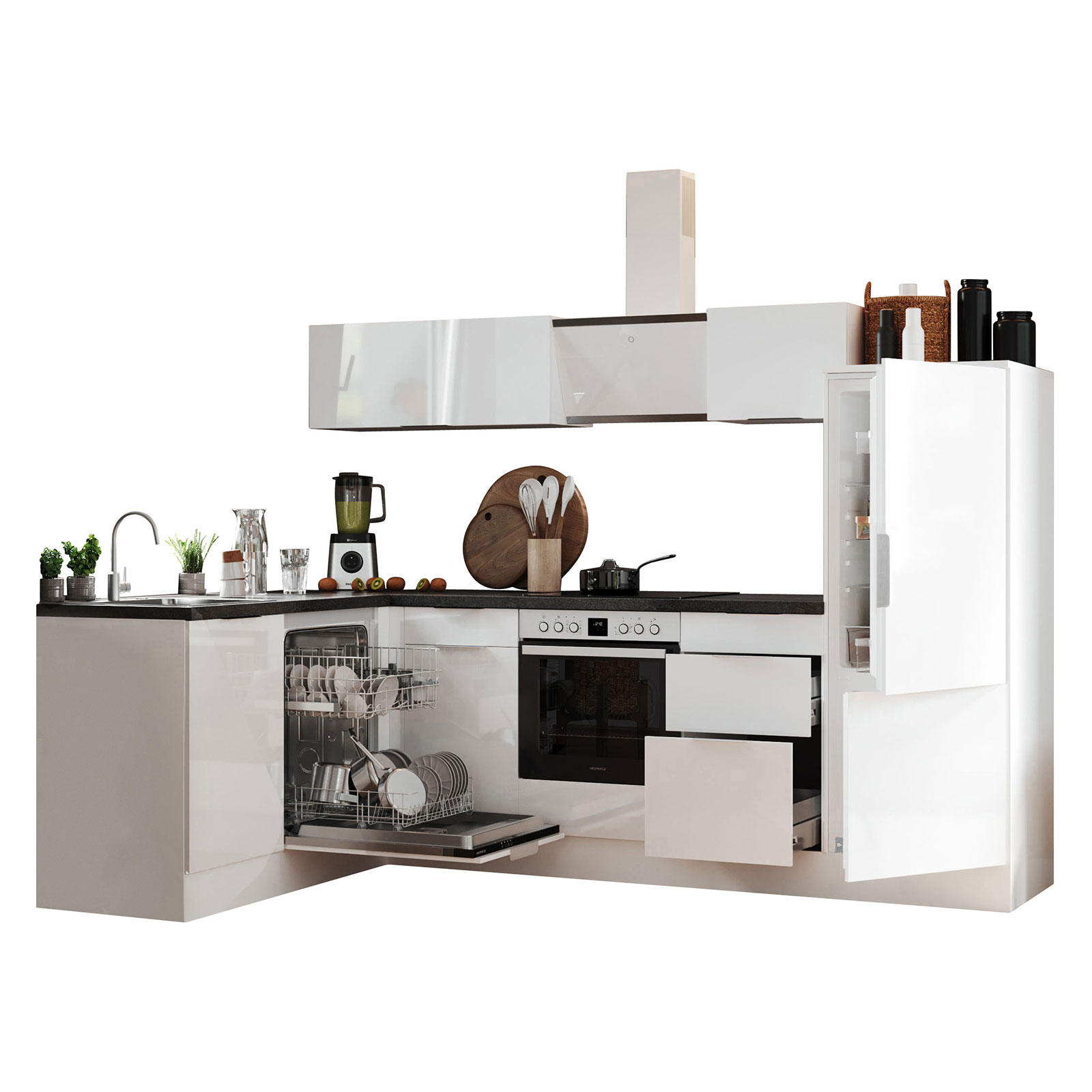 RESPEKTA Winkelküche - weiß Hochglanz - weiß matt - mit E-Geräten - 280x175 cm