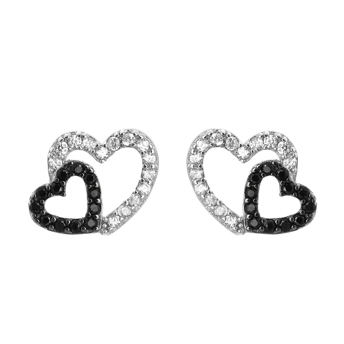 Boucles d'oreilles 2 coeurs oxyde de zirconium blancs et noirs Argent 925 Rhodié