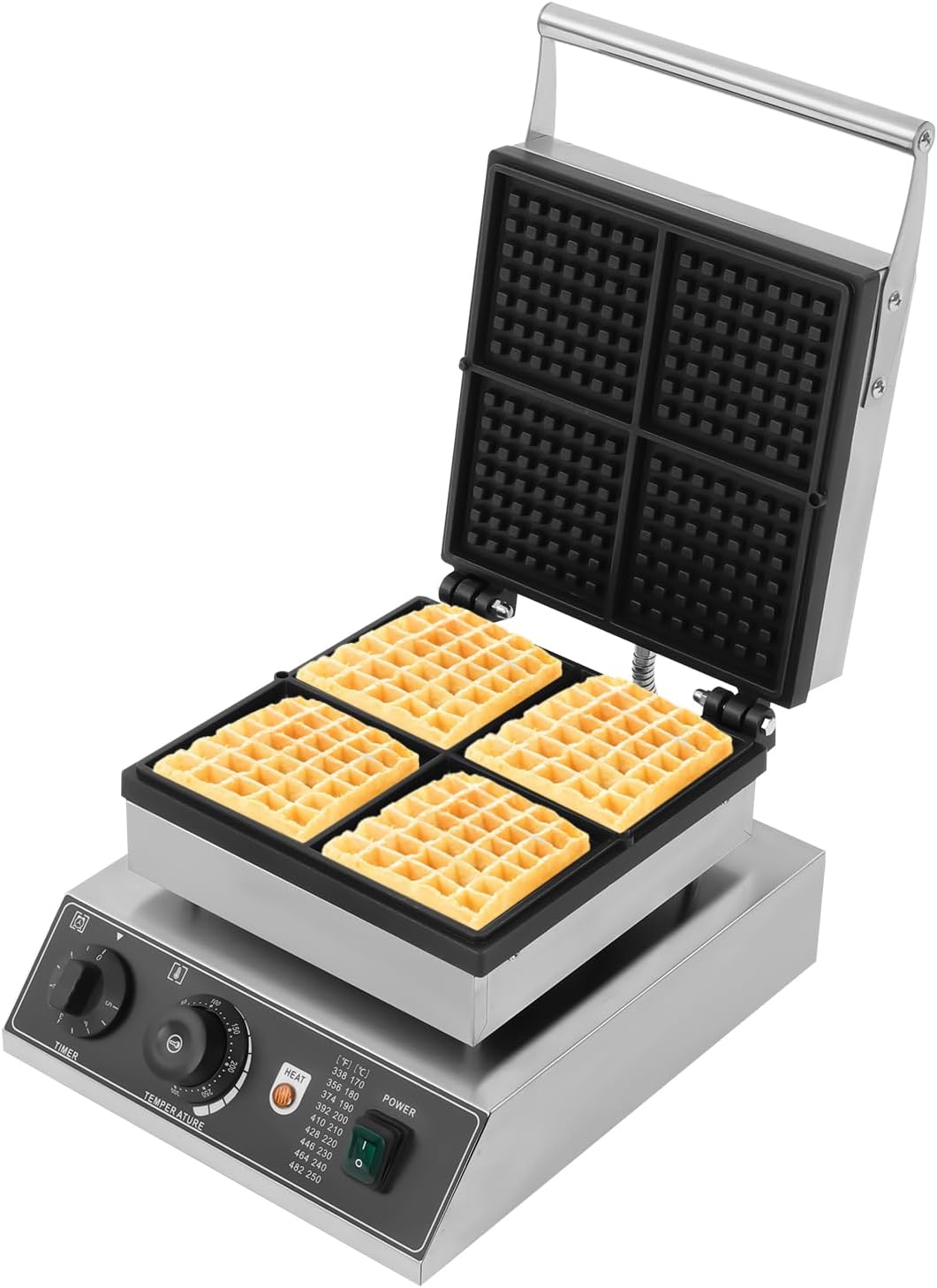 Profi Waffeleisen mit antihaftbeschichteten Backplatten, Waffelautomat für belgische Herzen Waffeln mit Edelstahl Gehäuse, 50-300 °C stufenlos (4 Stk)