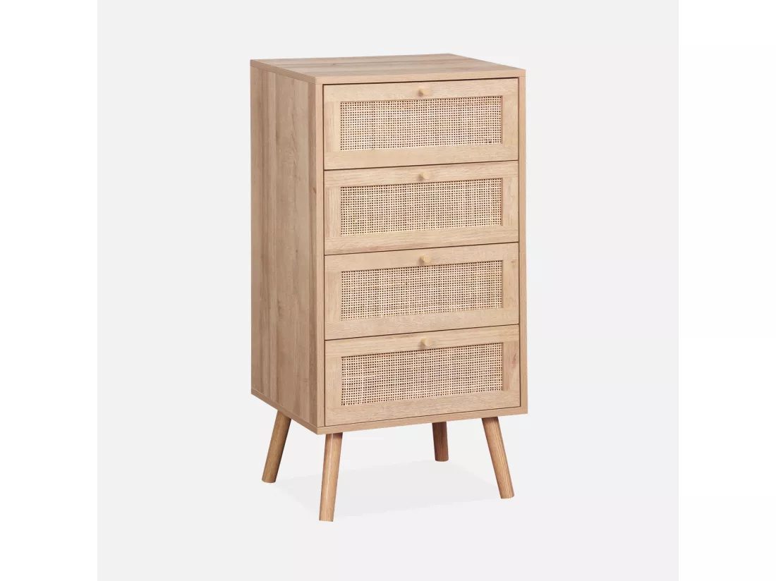 Commode chiffonnier 4 tiroirs effet bois et cannage