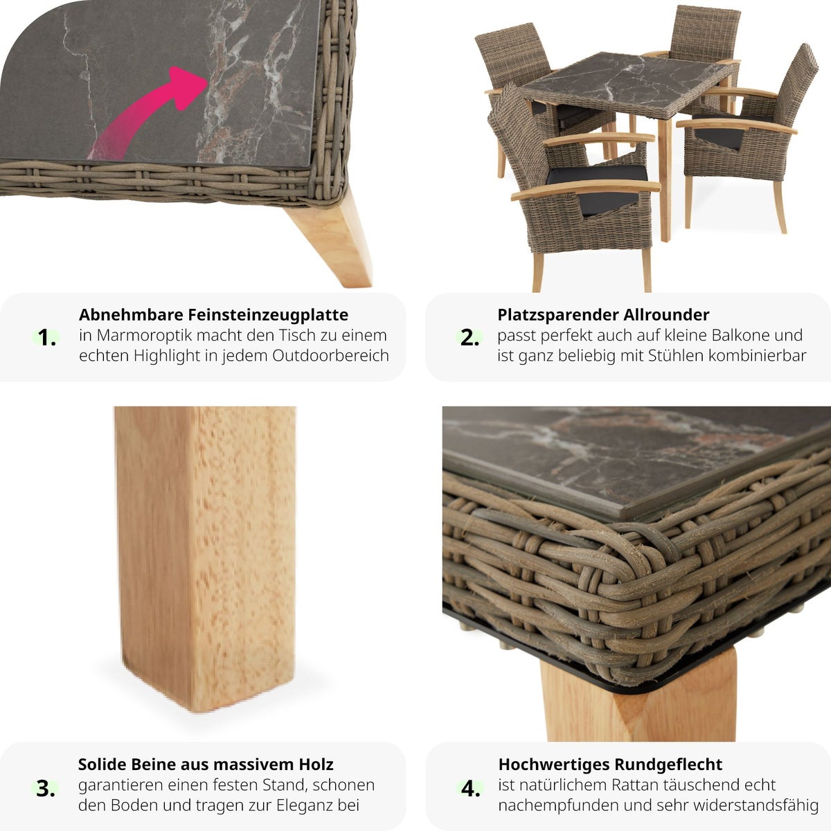 tectake Tarent rotan tafel met aluminium en houten frame, 93,5 x 93,5 x 75 cm