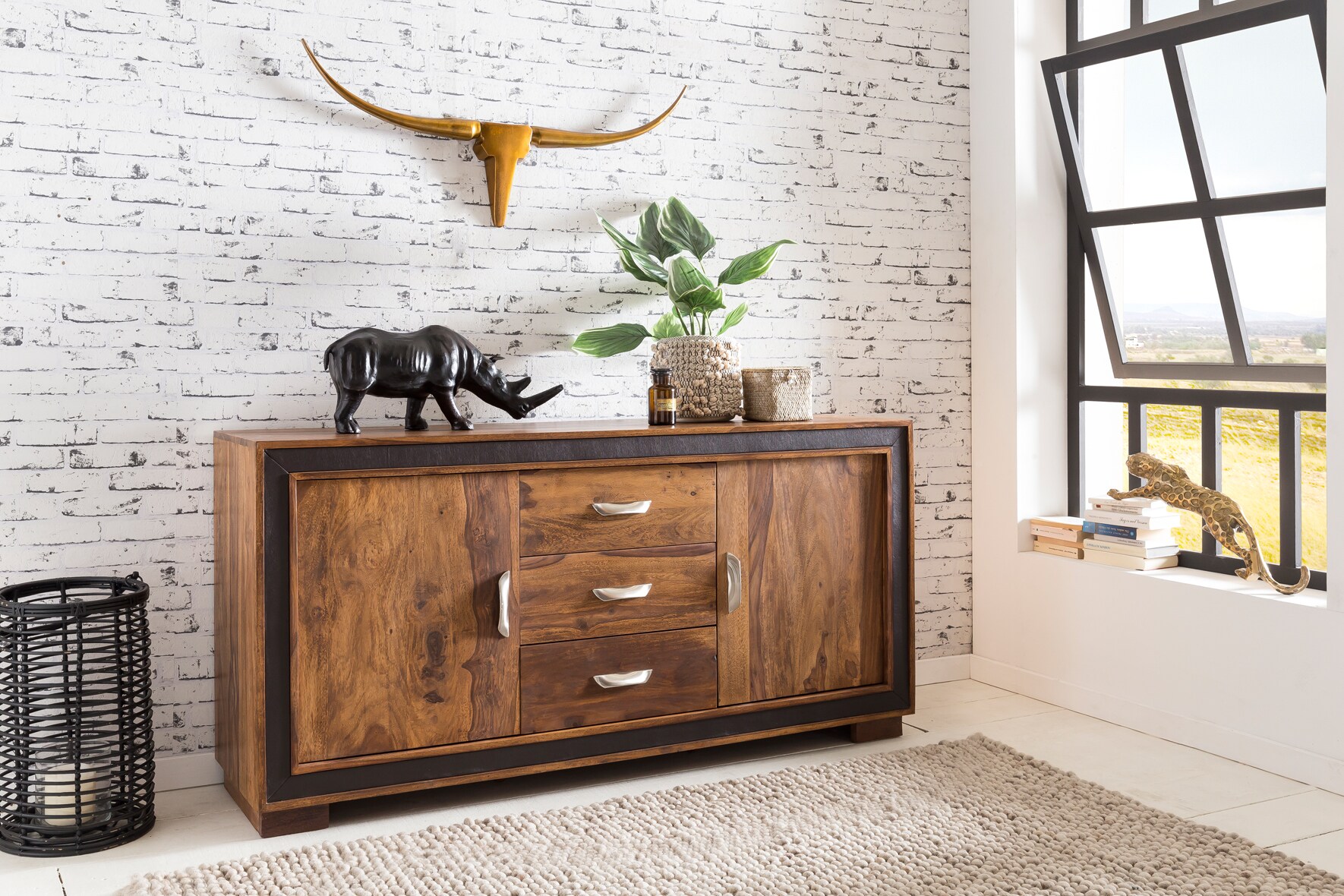 KADIMA DESIGN Rustikales Sideboard, Sheesham Massivholz, Kunstleder, 160x44x80 cm