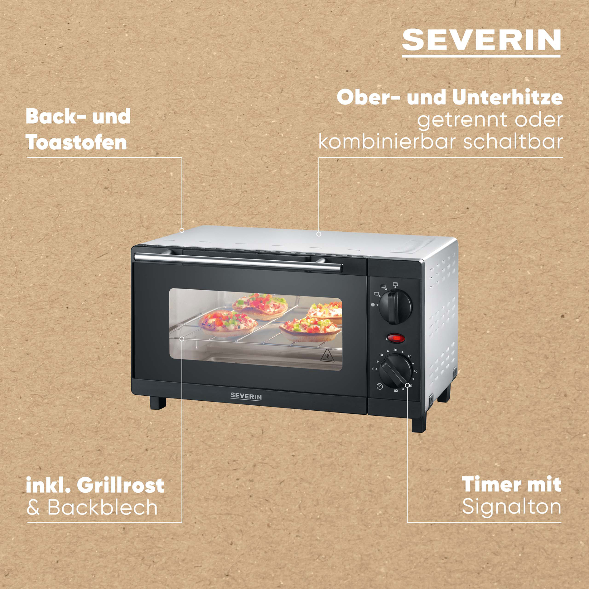 SEVERIN Minibackofen TO 2052 - schwarz-silber - 800 Watt