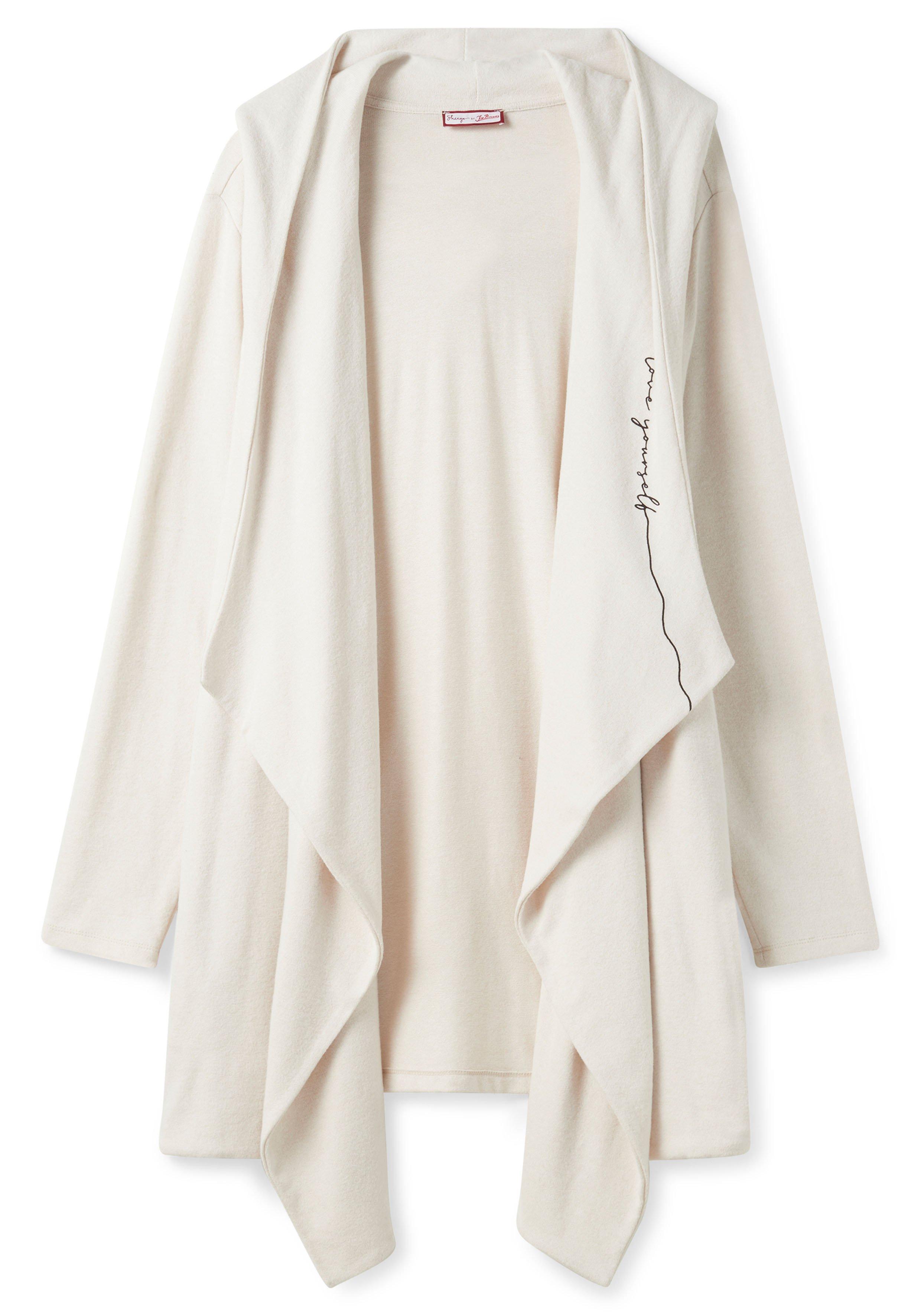 Longstrickjacke mit Kapuze, in offener Zipfelform