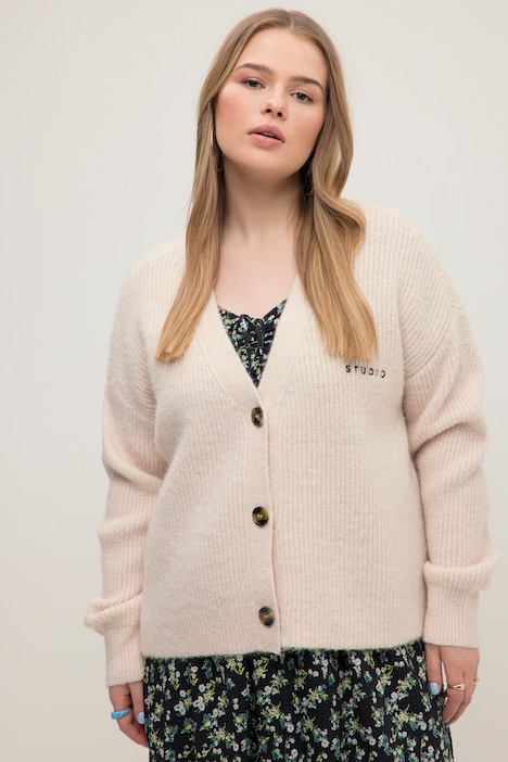 Strickjacke, oversized, Rippstrick, V-Ausschnitt, Langarm, Stickerei