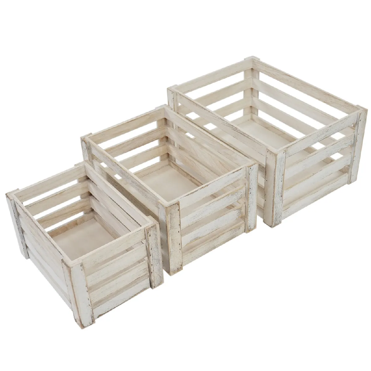 Decoshop26 Ensemble de 3 Caisses en Bois - Blanc Vieilli