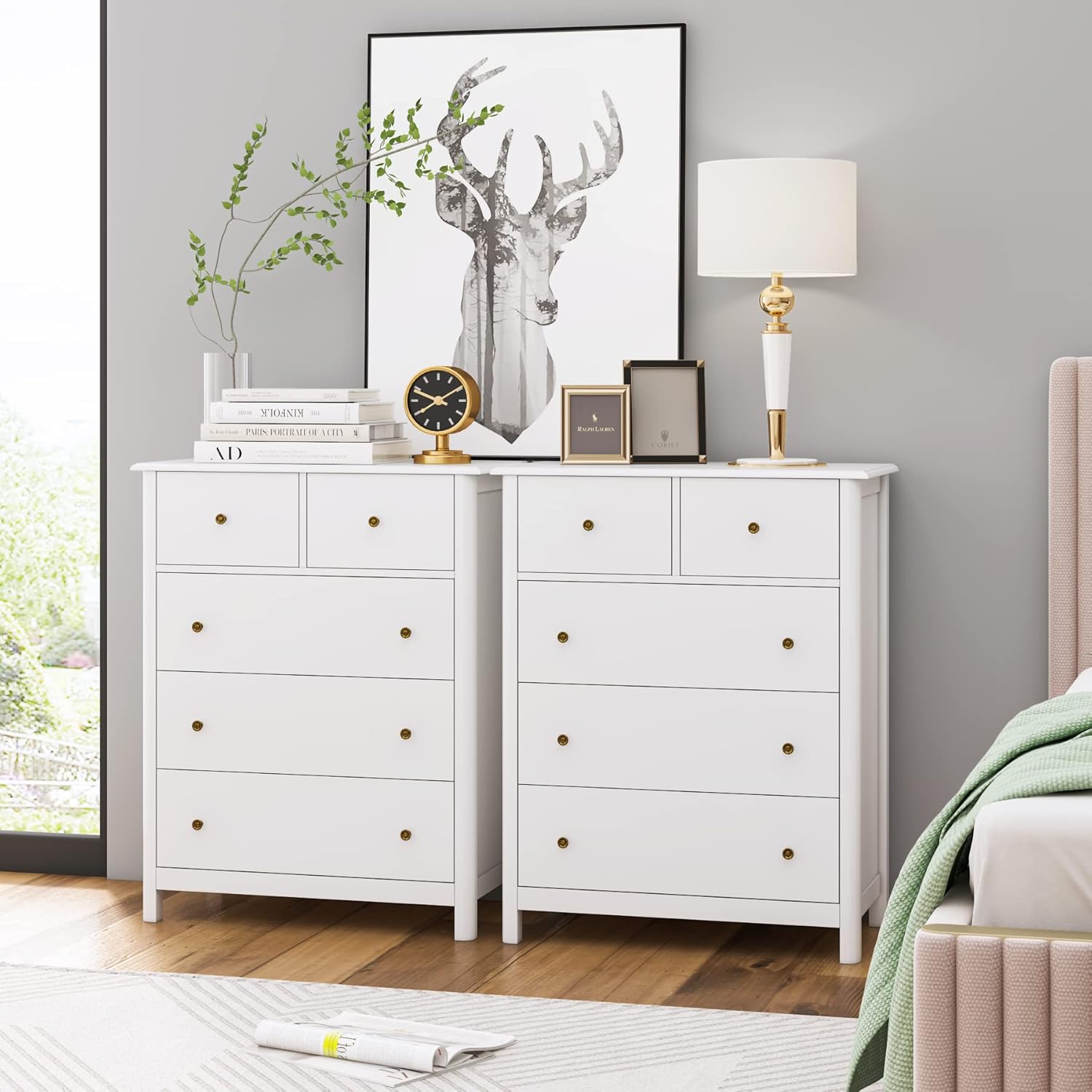 HOCSOK Kommode, Kommode Weiß, Sideboard mit 5 Schubladen, Beistellschrank viel Stauraum, Mehrzweckschrank für Wohnzimmer Schlafzimmer Flur, 74x40x94cm