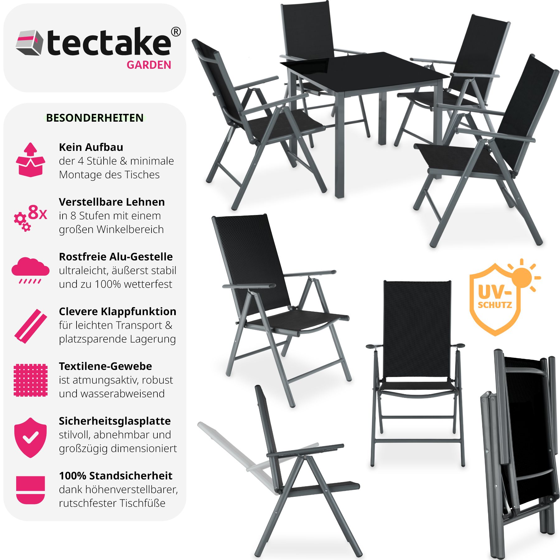 tectake® Sitzgruppe, mit Aluminiumgestell, für 4 Personen, UV-beständig, Tisch mit Sicherheitsglasplatte und Ausgleichsschrauben