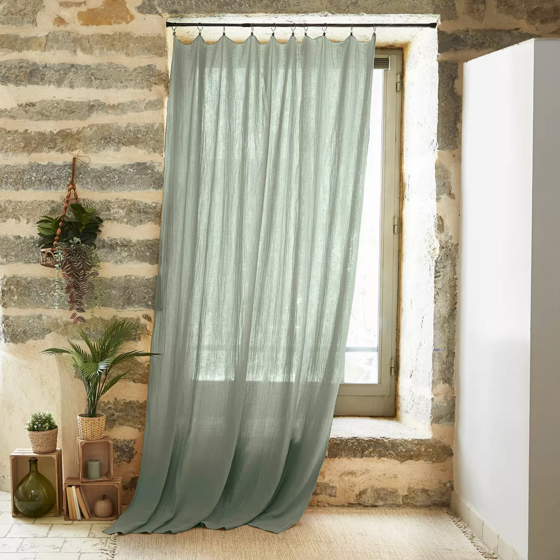 Rideau gaze de coton ajustable (140 x max 300 cm) Gaïa Vert eucalyptus