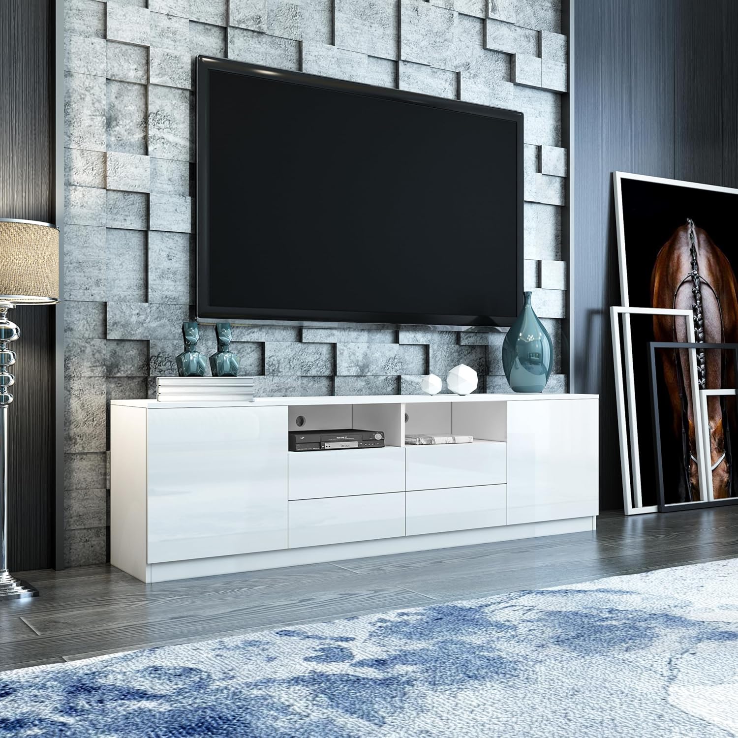 TV Lowboard für Wohnzimmer, Weiß Hochglanz TV Schrank mit 2 Türen 4 Schubladen, Modernes Fernsehschrank für Wohnzimmer Schlafzimmer Möbel 180cm