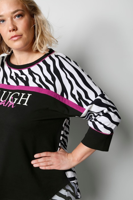 T-Shirt, oversized, Animaldruck, Schriftzug, Rundhals, 3/4-Ärmel.