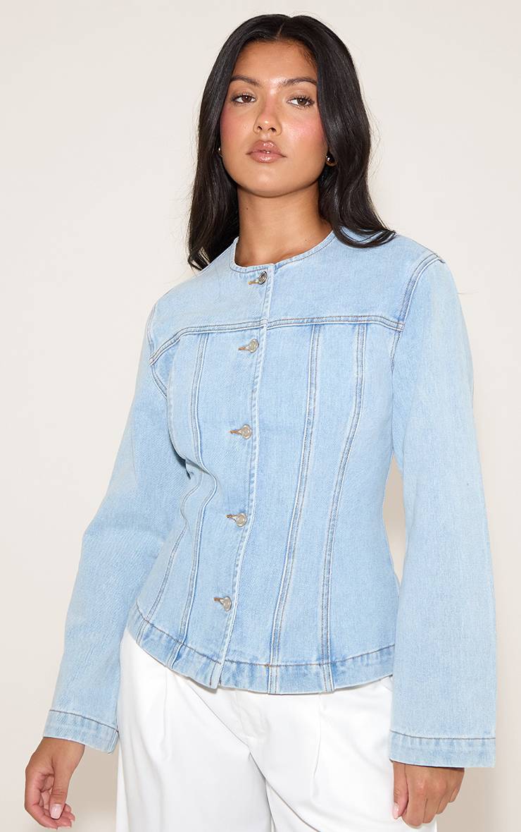 Bleu Clair Veste En Jean Cintrée À Manches Longues Avec Surpiqûres Contrastées